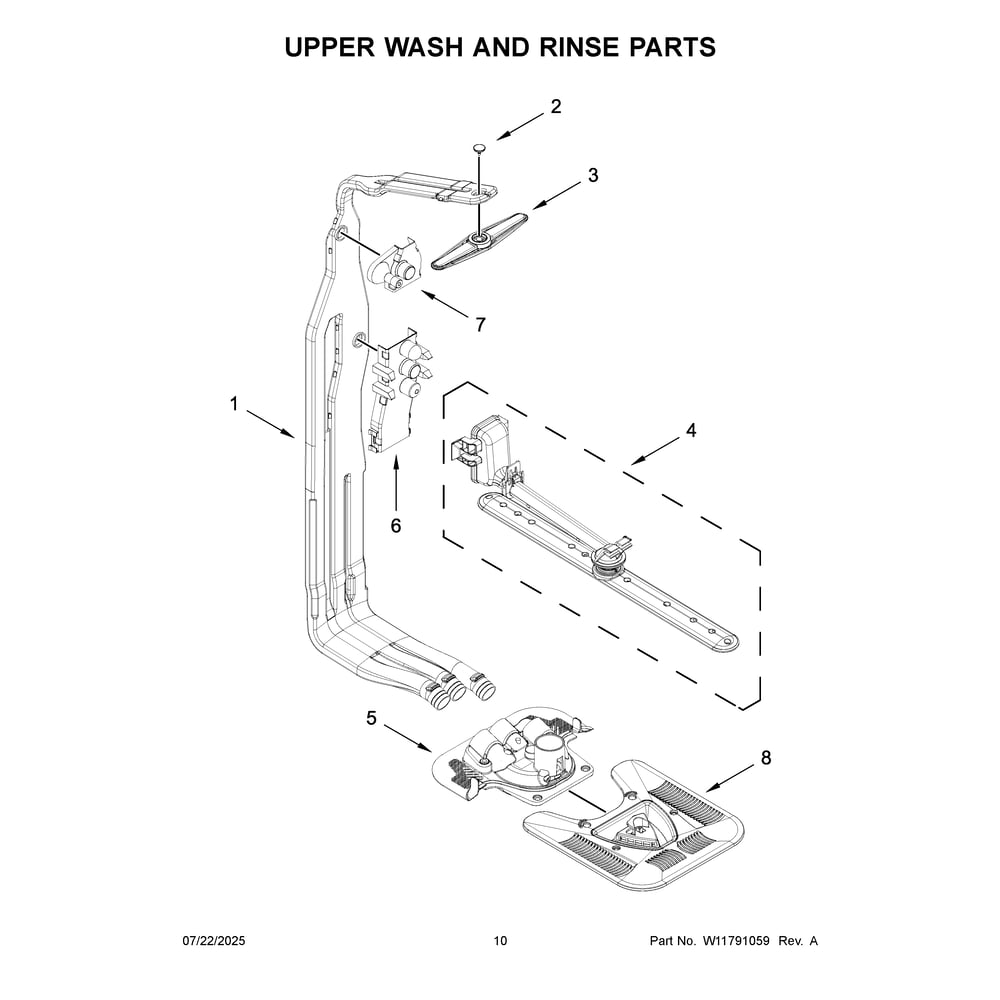 Upper Wash And Rinse Parts Diagram and Parts List for KDTS724SBE0  KitchenAid Dishwasher
