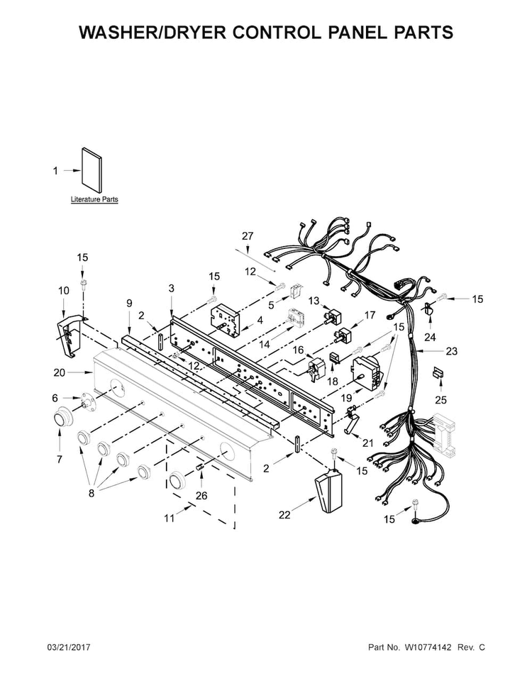Washer/dryer Control Panel Parts Diagram and Parts List for WET4027EW0  Whirlpool Washer Dryer Combo