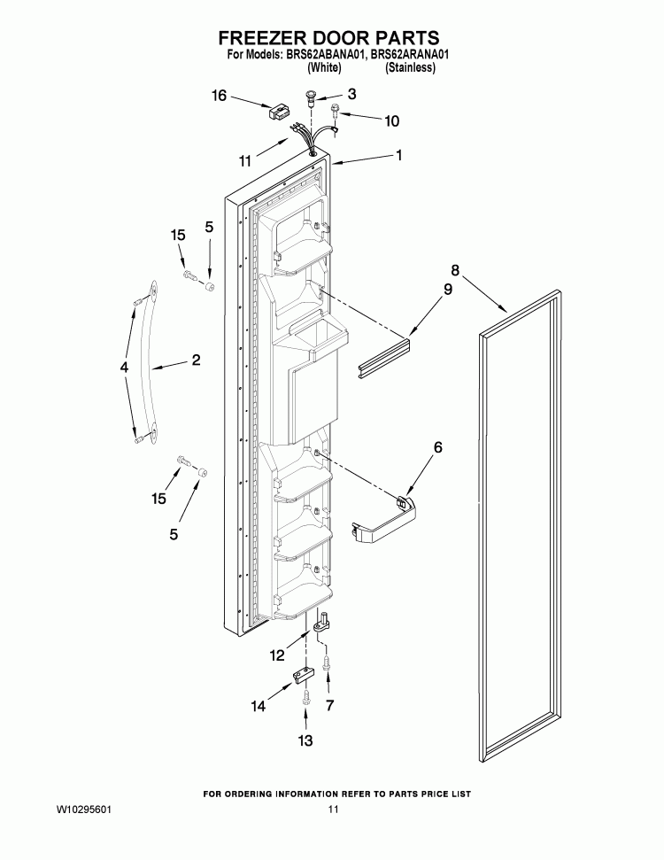 FREEZER DOOR PARTS Diagram and Parts List for BRS62ARANA01  Whirlpool Refrigerator