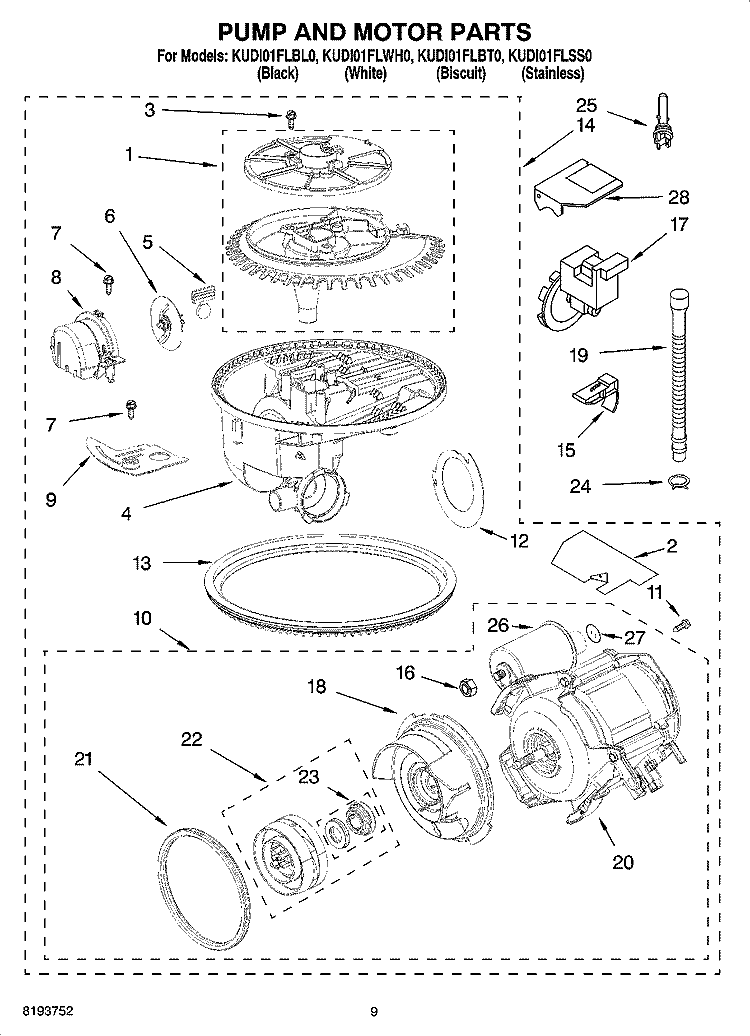 PUMP AND MOTOR PARTS Diagram and Parts List for KUDI01FLBL0  KitchenAid Dishwasher