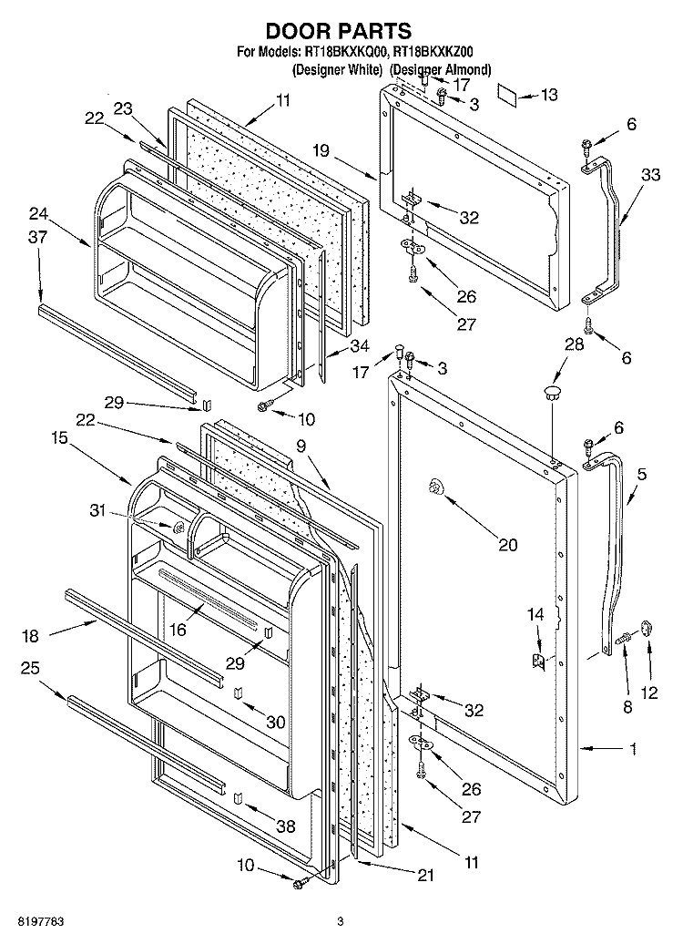 DOOR Diagram and Parts List for RT18BKXKQ00  Roper Refrigerator