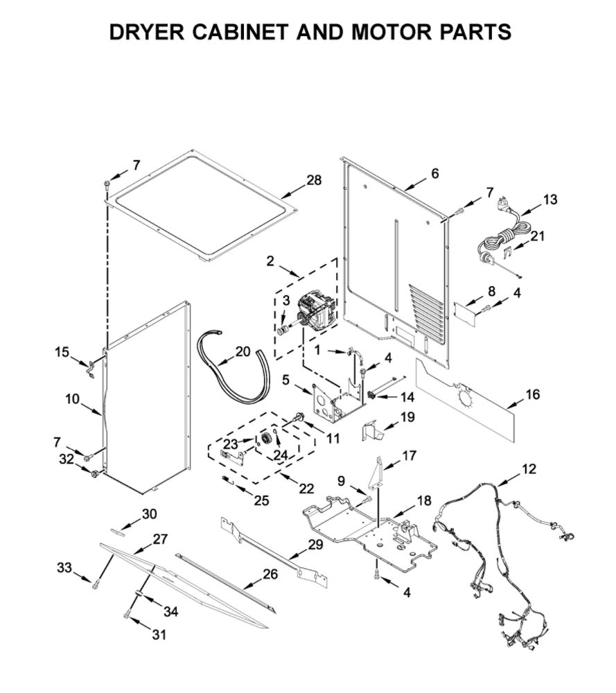 Dryer Cabinet And Motor Parts Diagram and Parts List for WGTLV27HW2  Whirlpool Washer Dryer Combo