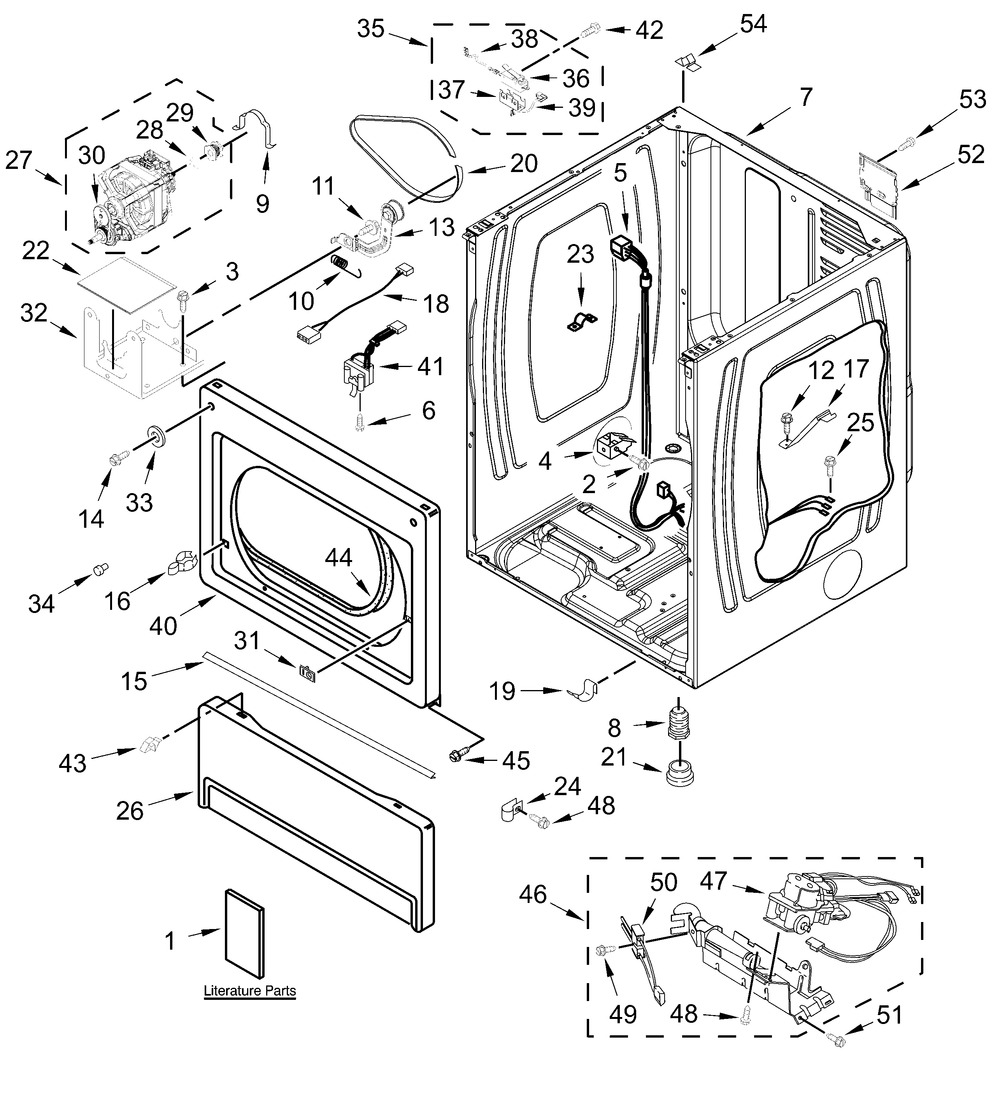 Lower Cabinet And Front Panel Parts Diagram and Parts List for MLG27PRFWW0  Whirlpool Dryer