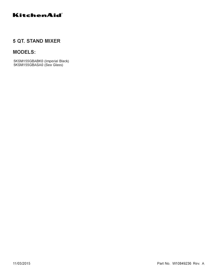 Cover Sheet Diagram and Parts List for 5KSM155GBASA0  KitchenAid Mixer