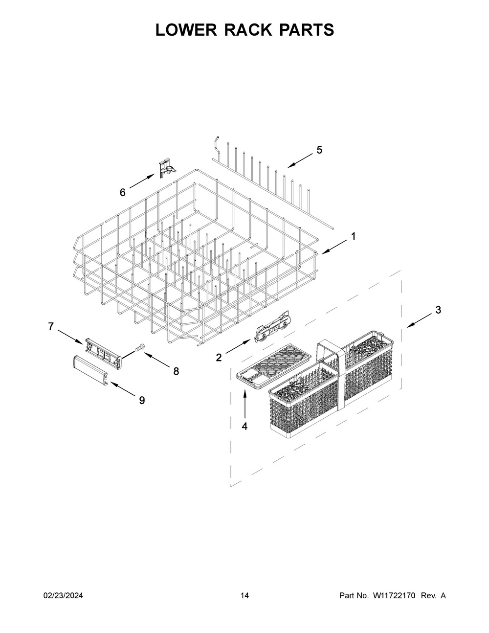 Lower Rack Parts Diagram and Parts List for KDTM404KPS3  KitchenAid Dishwasher