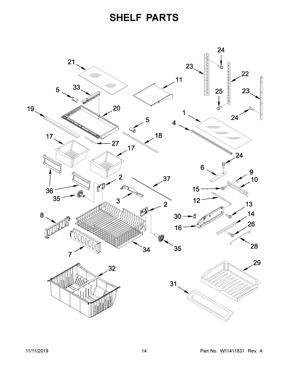 Shelf Parts Diagram and Parts List for WRF535SMHZ03  Whirlpool Refrigerator