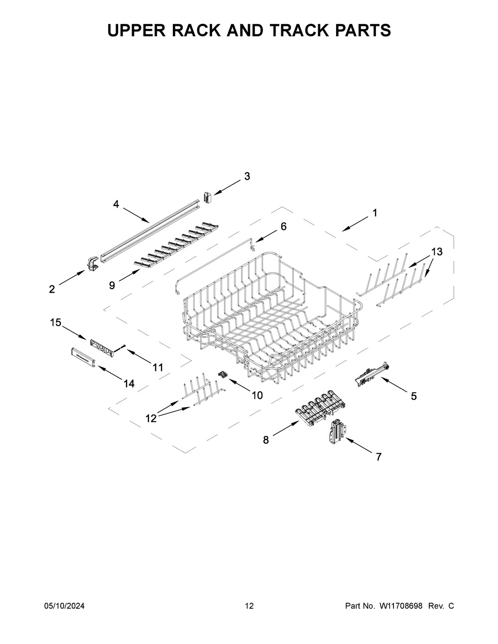 Upper Rack And Track Parts Diagram and Parts List for KDTF924PPS0  KitchenAid Dishwasher