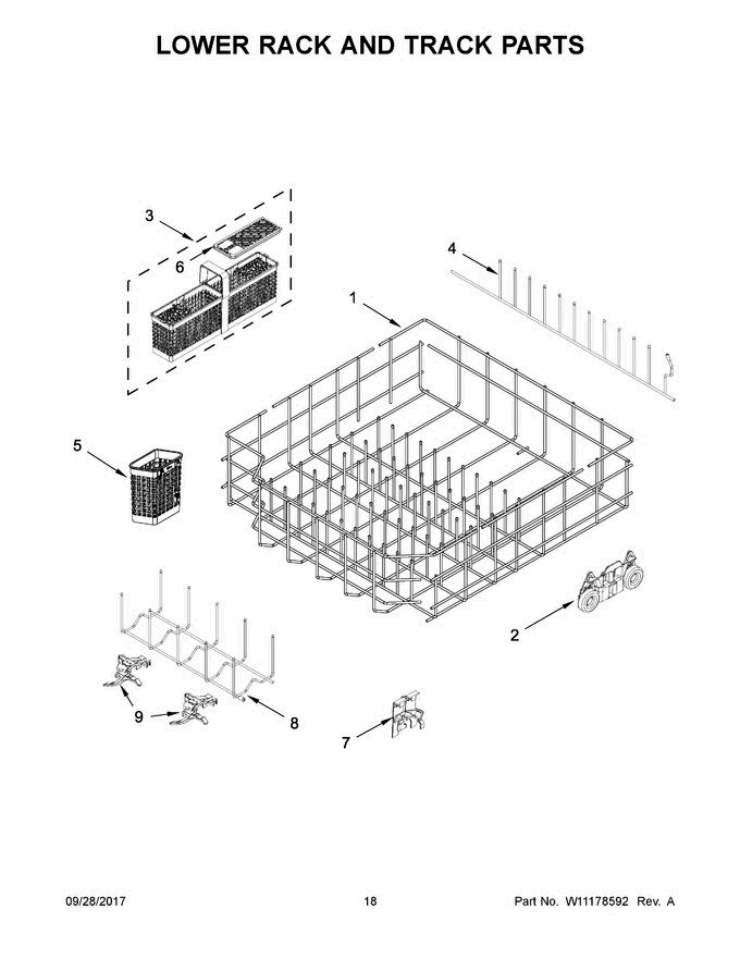 10 - Lower Rack And Track Parts Diagram and Parts List for KDTM384EBS2  KitchenAid Dishwasher