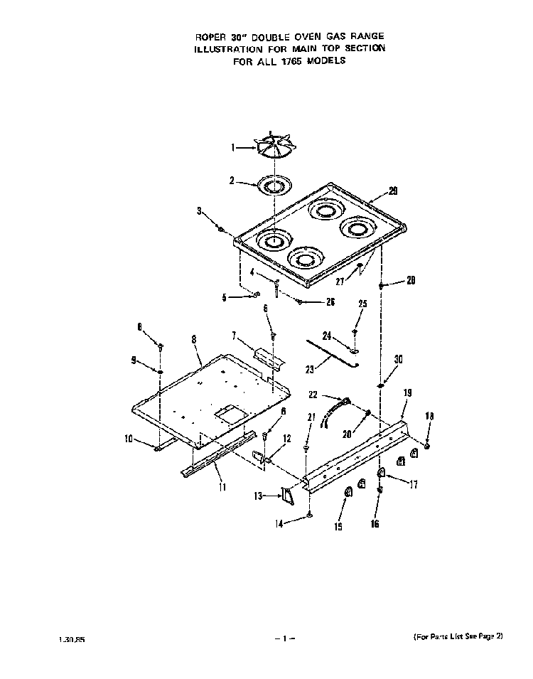 Main Top Diagram and Parts List for 1765*0A  Roper Range