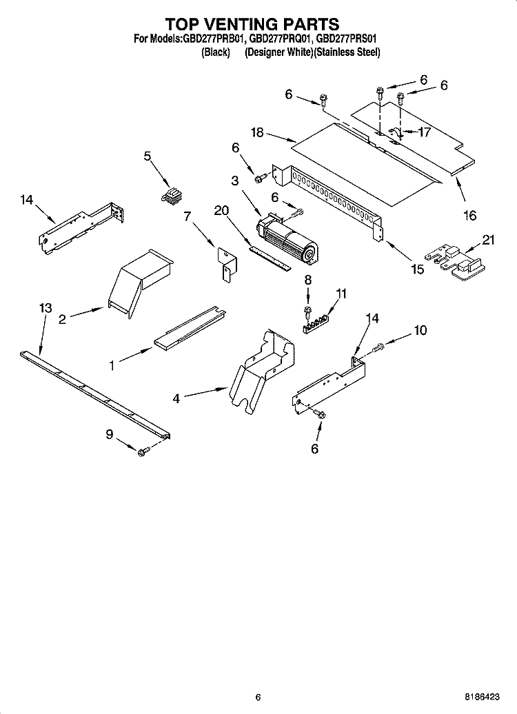 TOP VENTING PARTS, OPTIONAL PARTS Diagram and Parts List for GBD277PRB01  Whirlpool Wall Oven