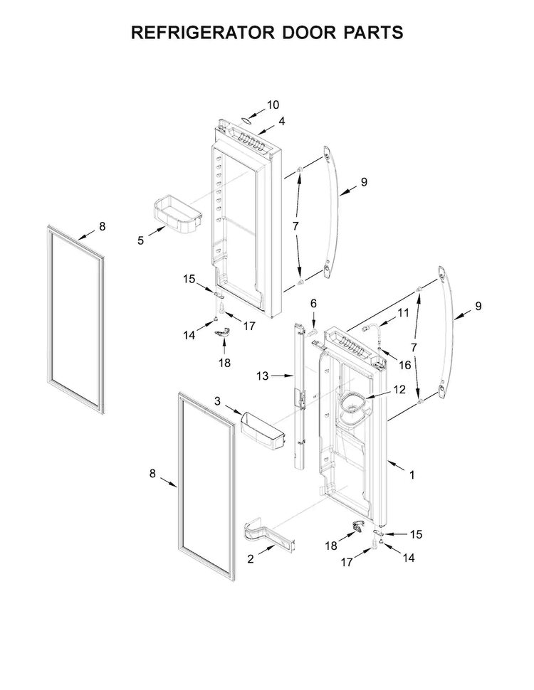 Refrigerator Door Parts Diagram and Parts List for WRX735SDBE02  Whirlpool Refrigerator