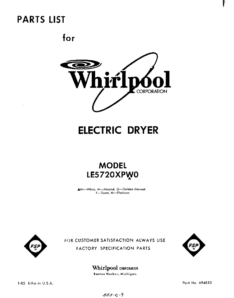 SECTION Diagram and Parts List for LE5720XPW0  Whirlpool Dryer