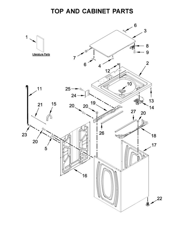 Top And Cabinet Parts Diagram and Parts List for 3LWTW4705FW0  Whirlpool Washer