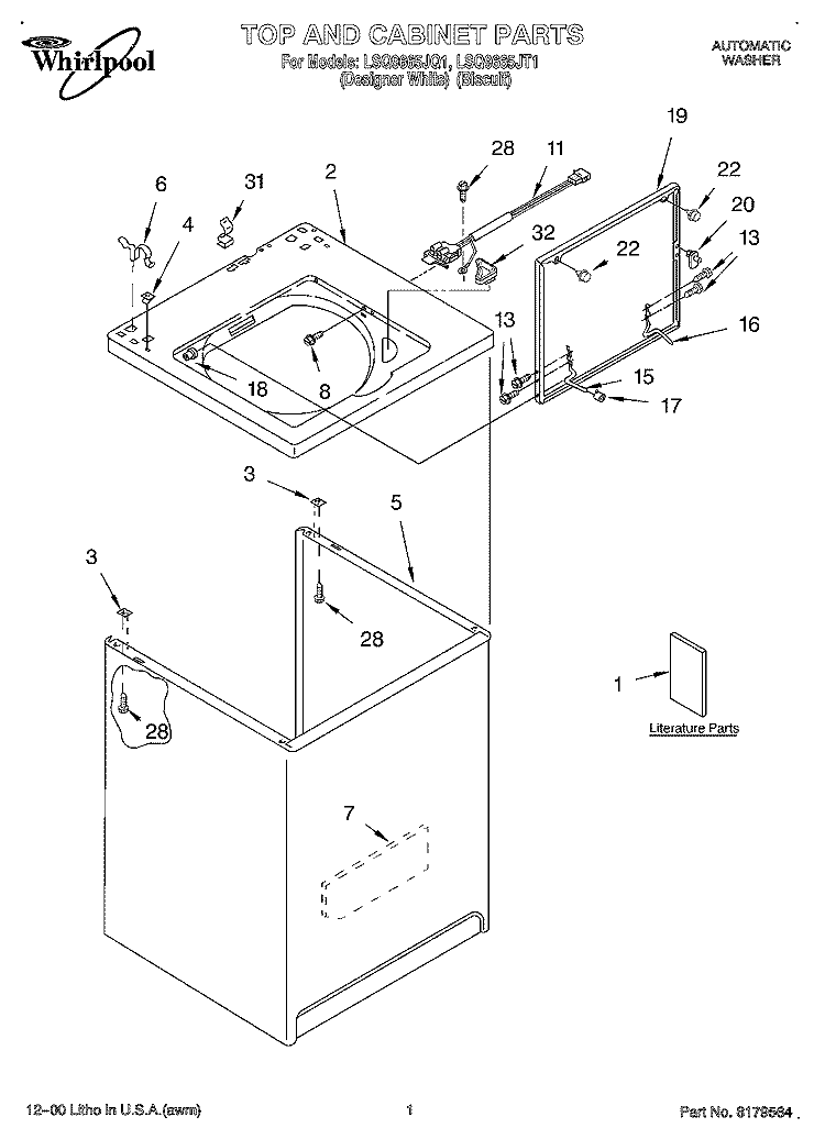 TOP AND CABINET, LITERATURE Diagram and Parts List for LSQ9665JQ1  Whirlpool Washer