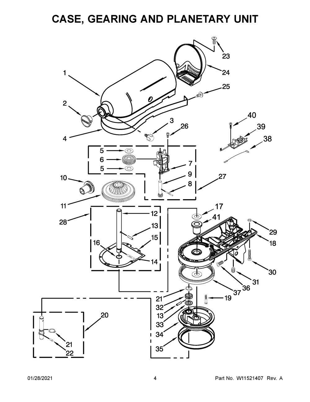 Case, Gearing And Planetary Unit Diagram and Parts List for 5KSM156BBM4  Whirlpool Mixer