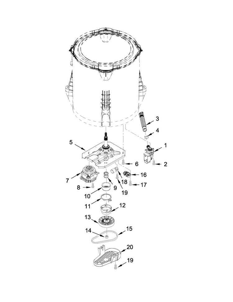 Gearcase, Motor And Pump Parts Diagram and Parts List for 1CWTW4800YQ2  Whirlpool Washer