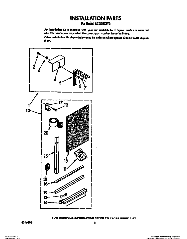 INSTALLATION PARTS Diagram and Parts List for ACQ052XY0  Whirlpool Air Conditioner