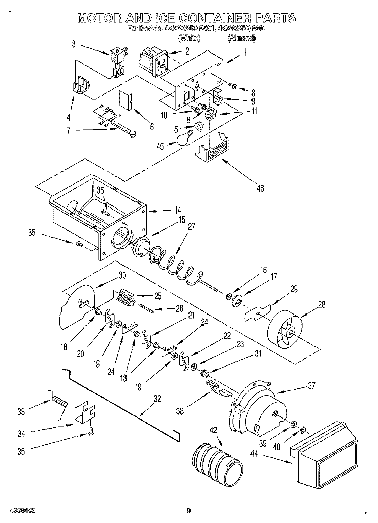 MOTOR AND ICE CONTAINER Diagram and Parts List for 4KSRS25QFW01  KitchenAid Refrigerator