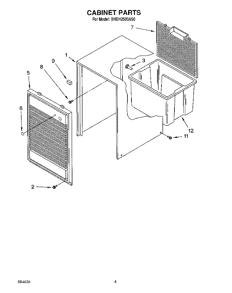CABINET Diagram and Parts List for BHDH2500AS0  Whirlpool Dehumidifier