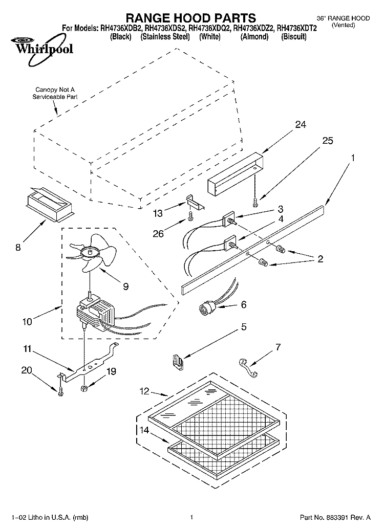 SECTION Diagram and Parts List for RH4736XDS2  Whirlpool Range Hood