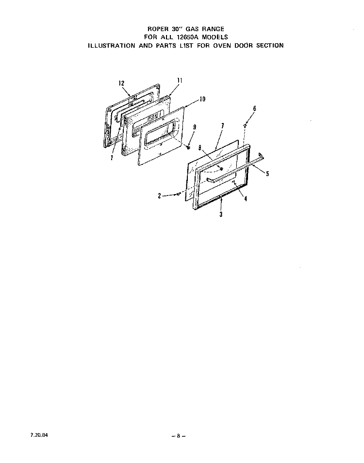 OVEN DOOR Diagram and Parts List for 1265W0A  Roper Range