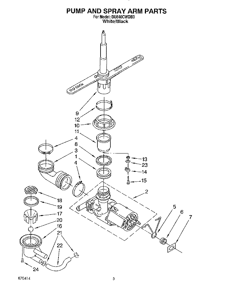 PUMP AND SPRAY ARM Diagram and Parts List for DU840CWDB3  Whirlpool Dishwasher