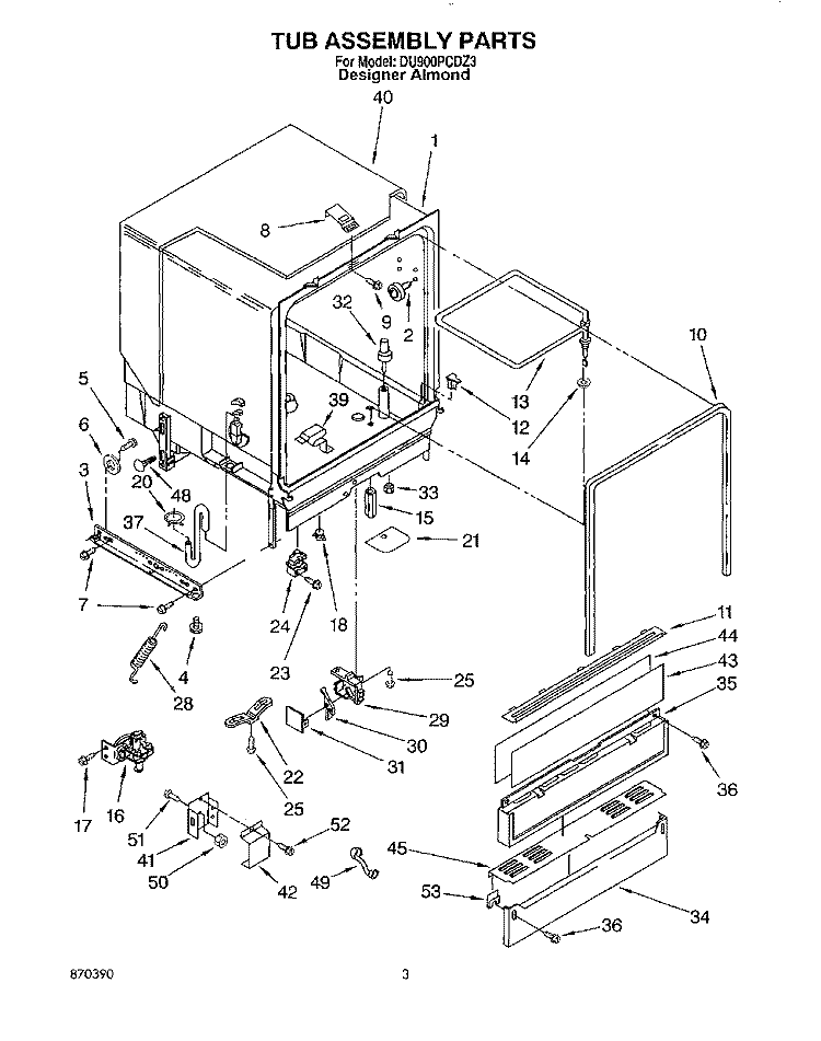 TUB ASSEMBLY Diagram and Parts List for DU900PCDZ3  Whirlpool Dishwasher