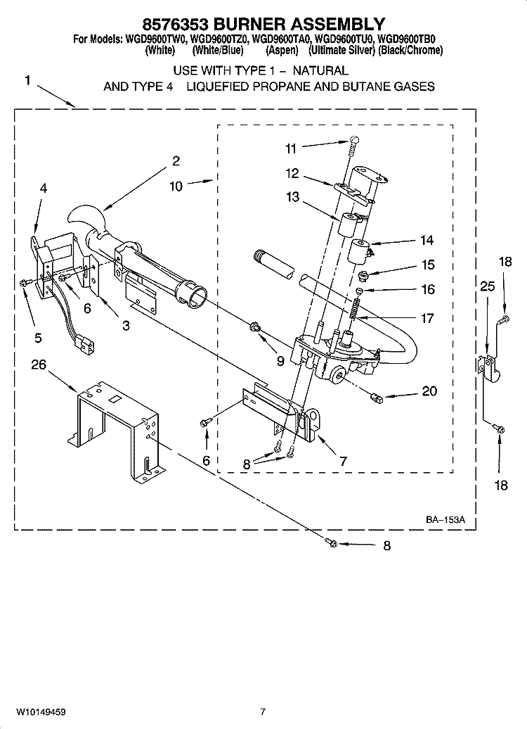 8576353 BURNER ASSEMBLY Diagram and Parts List for WGD9600TW0  Whirlpool Dryer