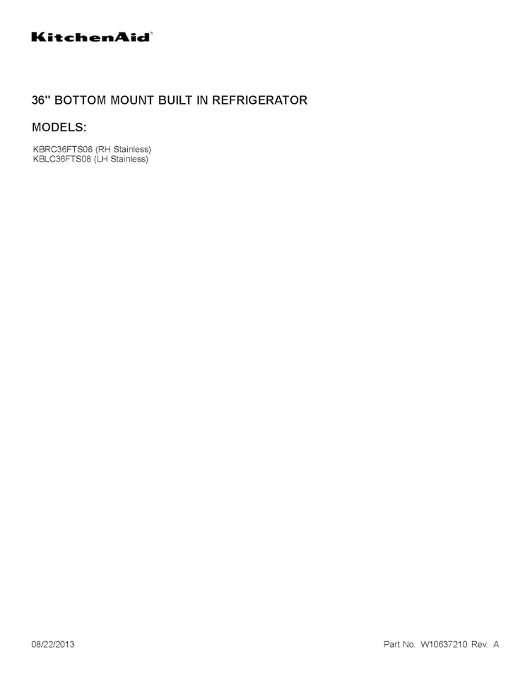 Cover Sheet Diagram and Parts List for KBLC36FTS08  KitchenAid Refrigerator