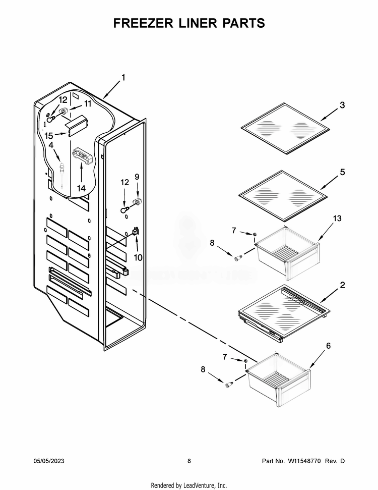 Freezer Liner Parts Diagram and Parts List for WRS588FIHB04  Whirlpool Refrigerator