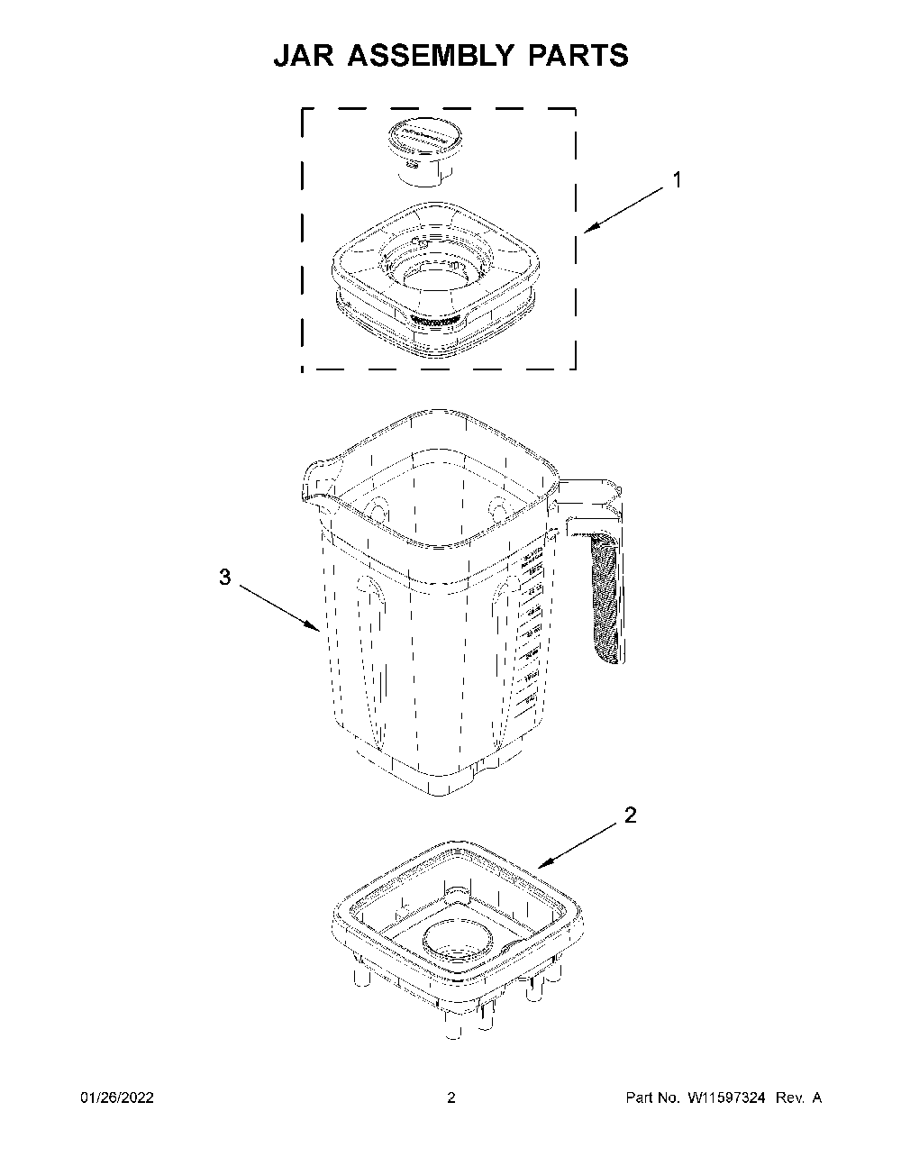 Jar Assembly Parts Diagram and Parts List for 5KSB1320EOB0  KitchenAid Blender