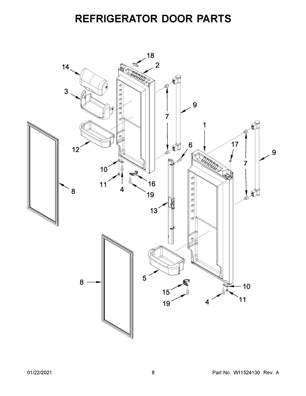 Refrigerator Door Parts Diagram and Parts List for MFC2062FEZ05  Whirlpool Refrigerator