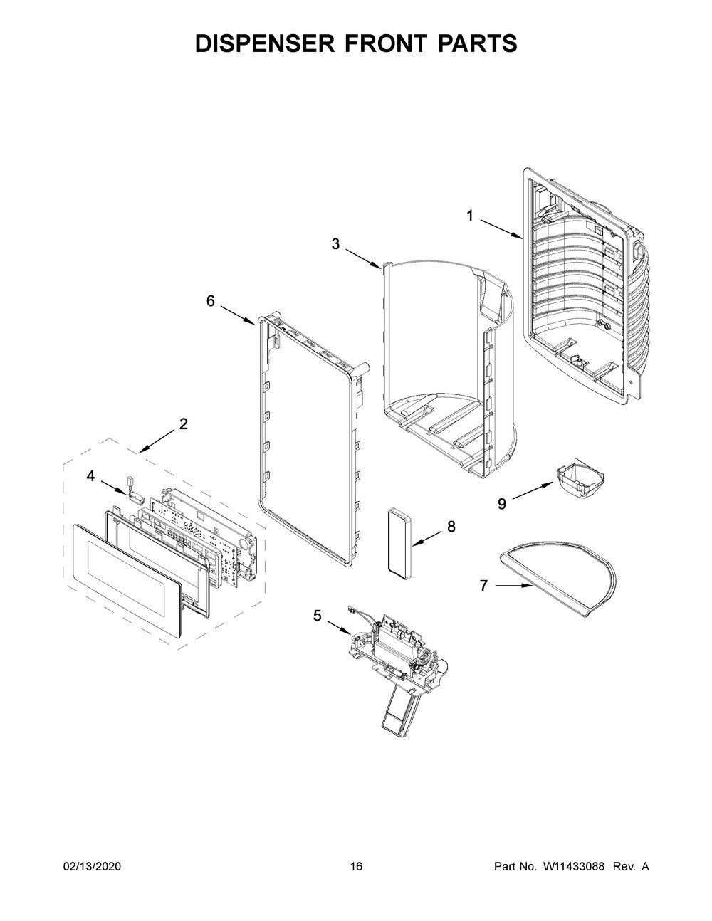 Dispenser Front Parts Diagram and Parts List for WRF757SDHZ01  Whirlpool Refrigerator