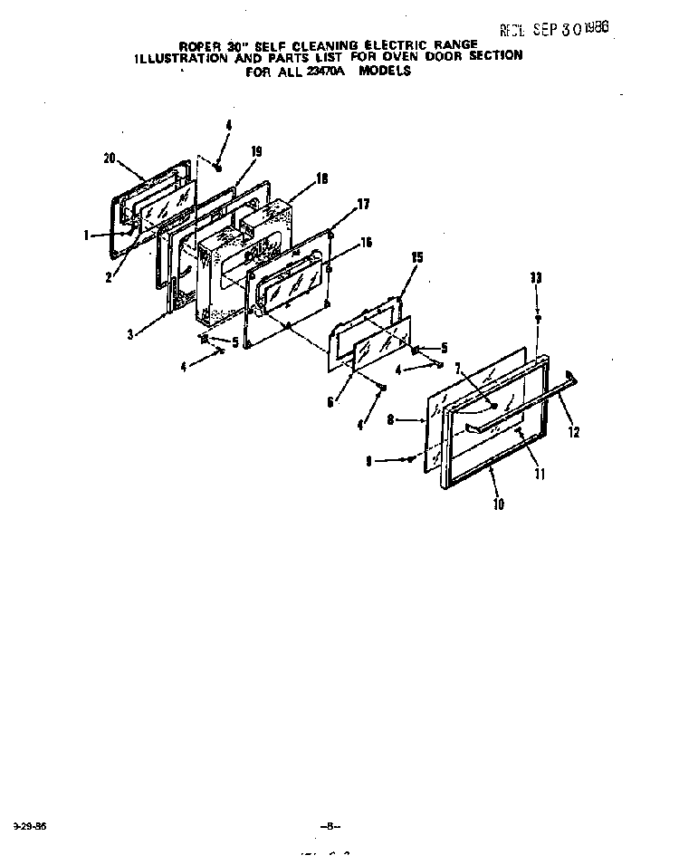 Oven Door Diagram and Parts List for 2347*0A  Roper Range