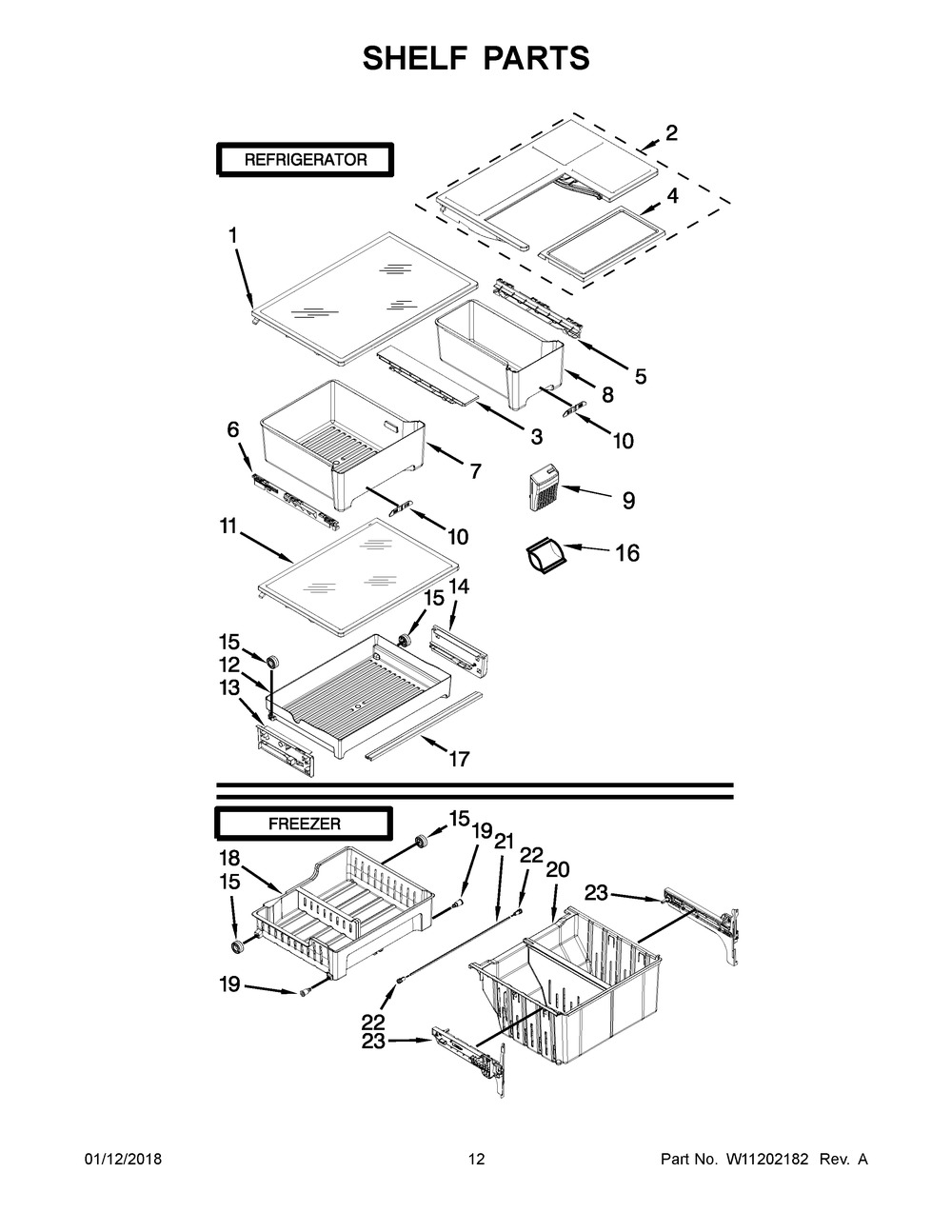 Shelf Parts Diagram and Parts List for WRFA60SMHN00  Whirlpool Refrigerator
