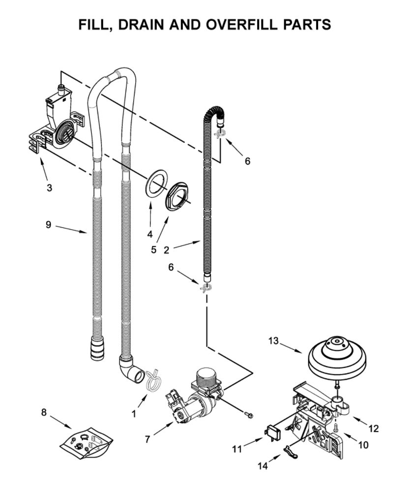 Fill, Drain And Overfill Parts Diagram and Parts List for WDF130PAHB2  Whirlpool Dishwasher
