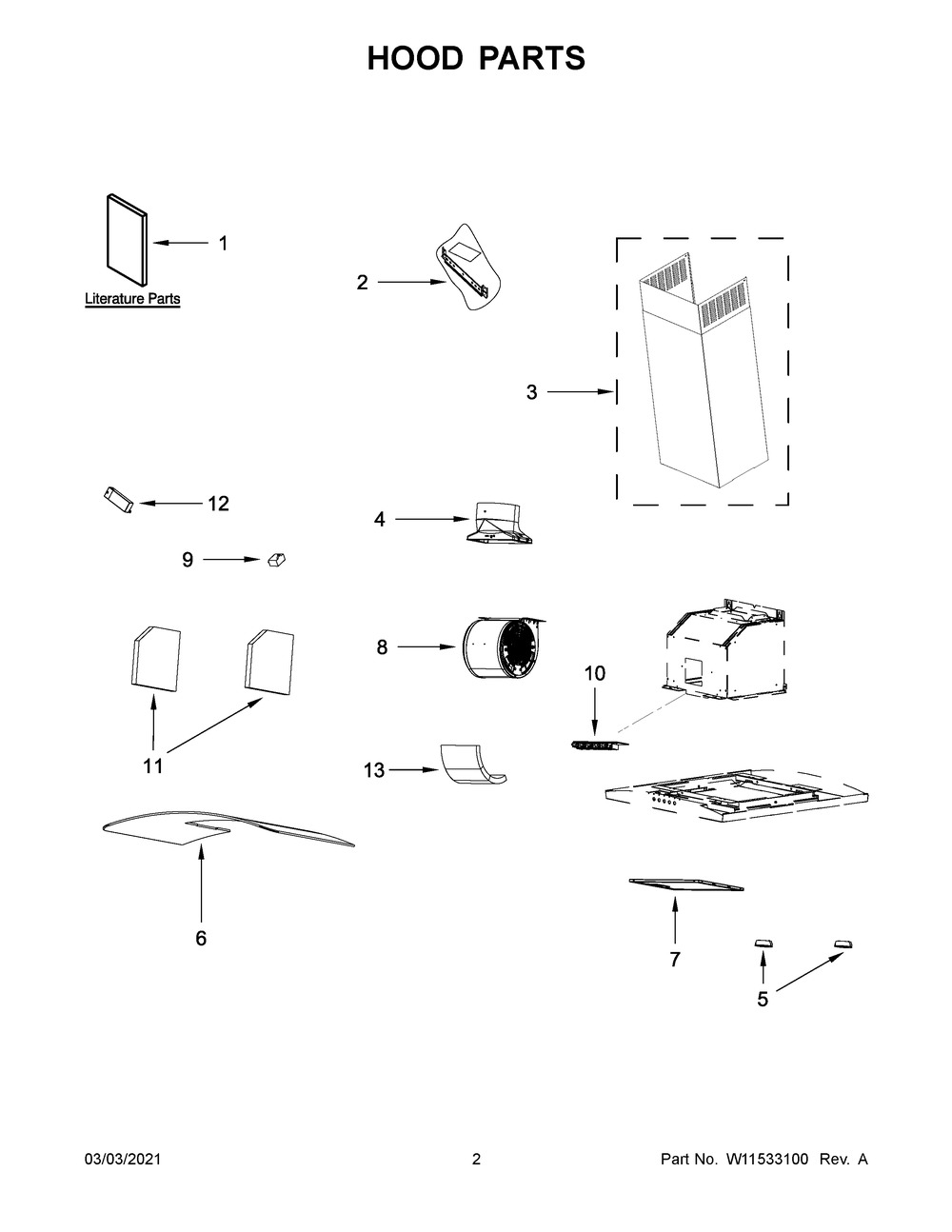 Hood Parts Diagram and Parts List for WVW51UC6FS3  Whirlpool Range