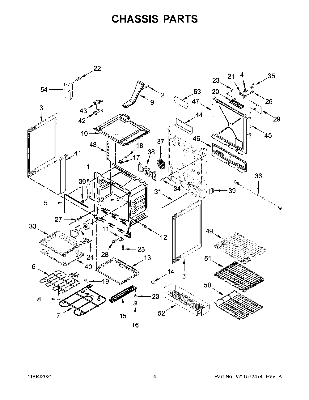 Chassis Parts Diagram and Parts List for YKSEB900EWH4  KitchenAid Range