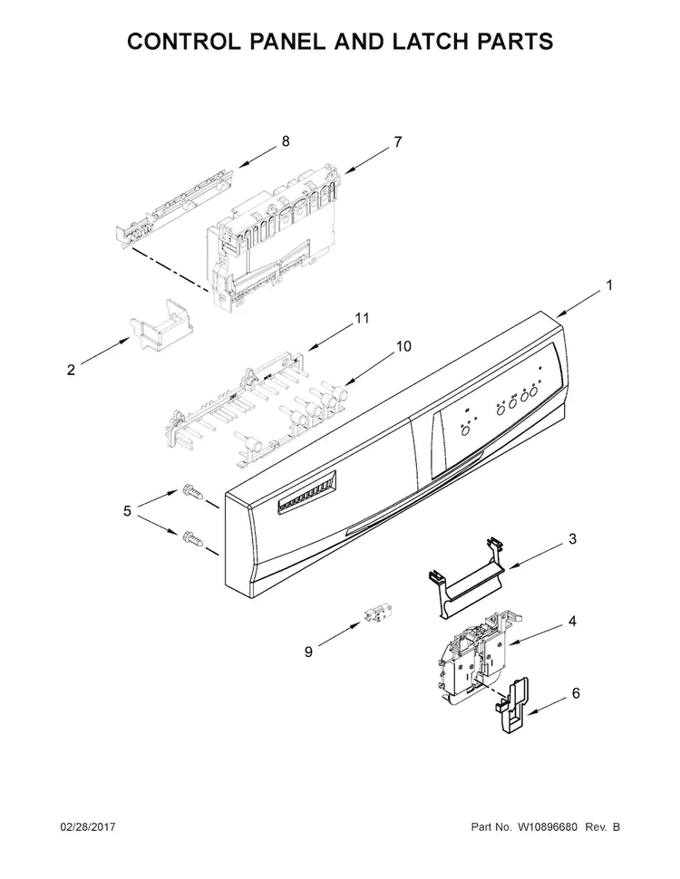 Control Panel And Latch Parts Diagram and Parts List for WDF110PABT5  Whirlpool Dishwasher