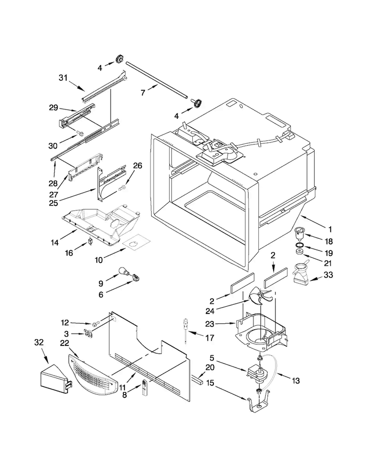 Freezer Liner Parts Diagram and Parts List for GX2FHDXVQ07  Whirlpool Refrigerator