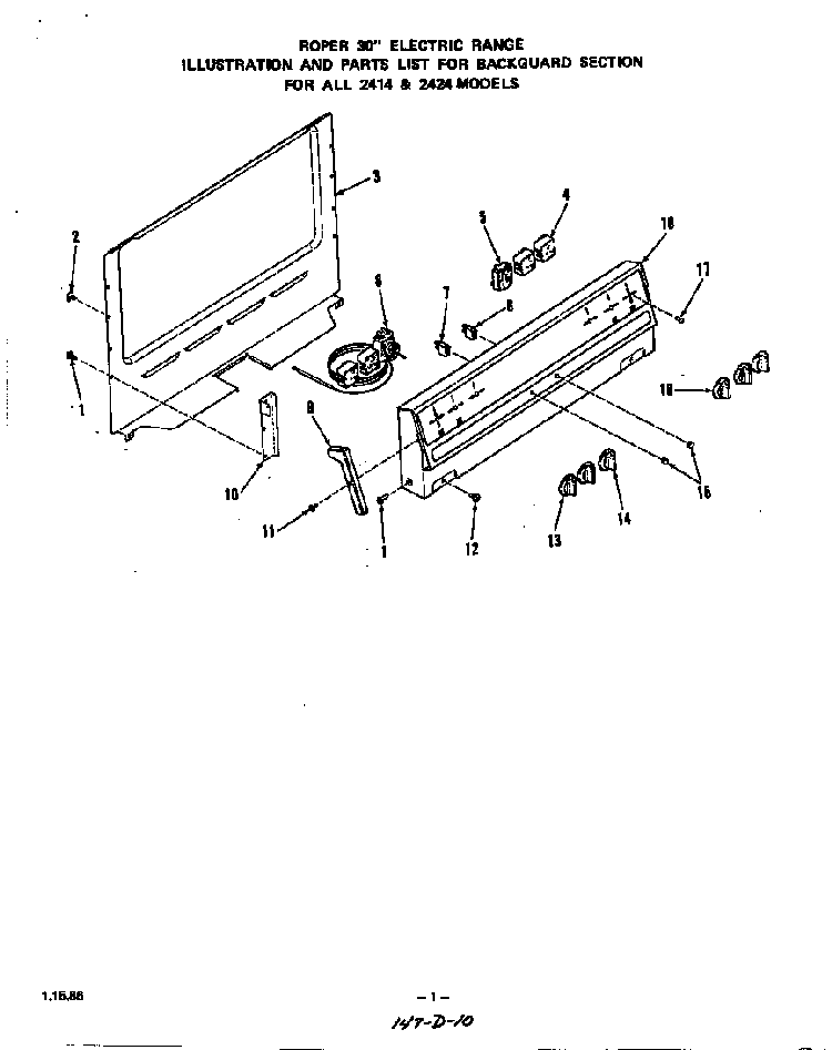 Backguard Diagram and Parts List for 2424*1A  Roper Range