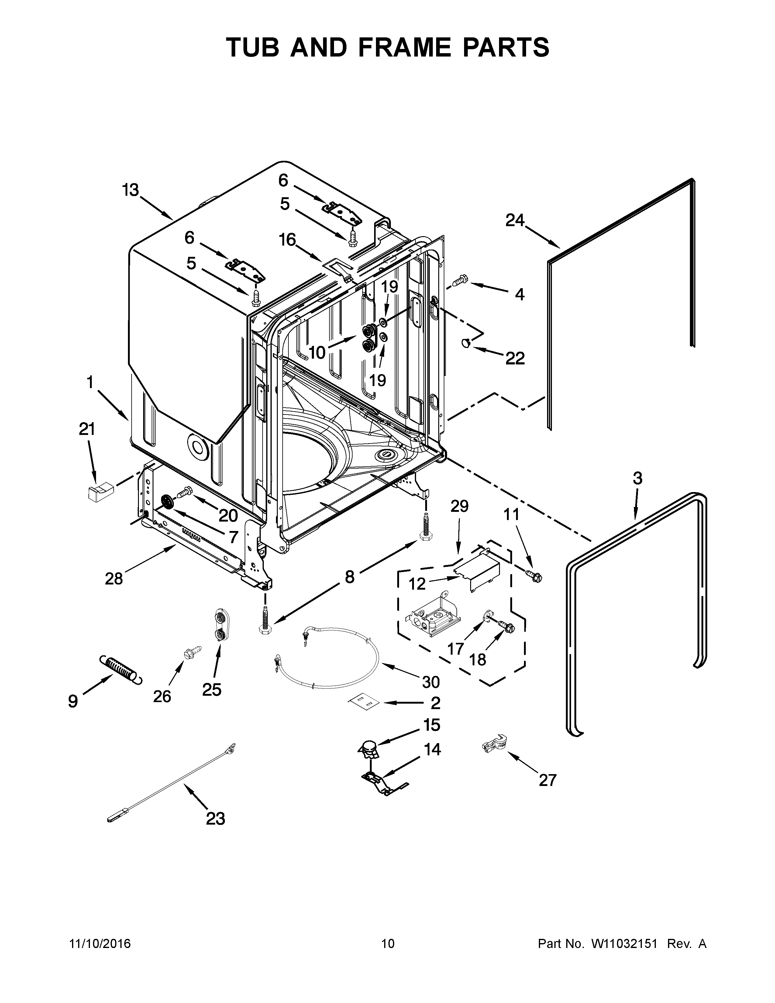 Tub And Frame Parts Diagram and Parts List for 66513543N413  Kenmore Dishwasher