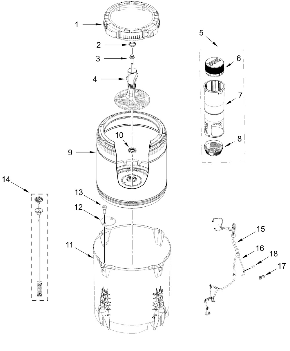 Basket And Tub Parts Diagram and Parts List for MVW6500MW1  Whirlpool Washer