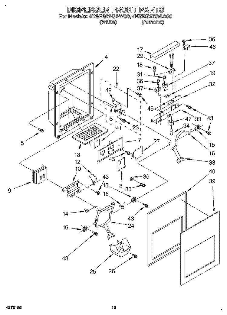 DISPENSER FRONT Diagram and Parts List for 4KSRS27QAA00  KitchenAid Refrigerator