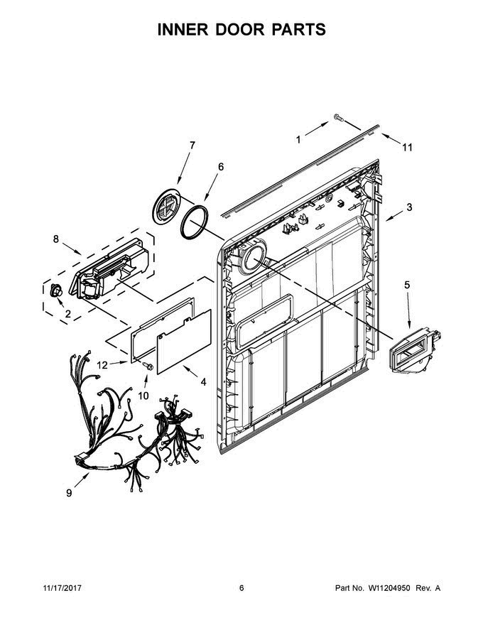 04 - Inner Door Parts Diagram and Parts List for WDF520PADB6  Whirlpool Dishwasher