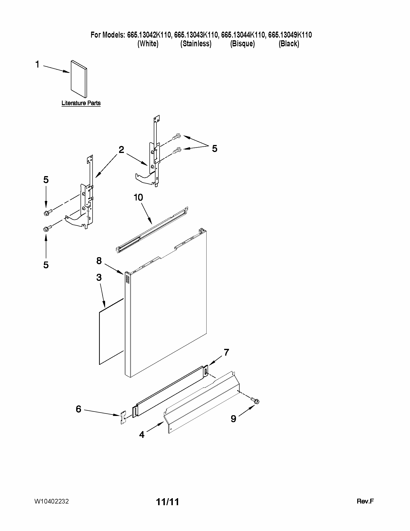 Door And Panel Parts Diagram and Parts List for 66513043K110  Kenmore Dishwasher