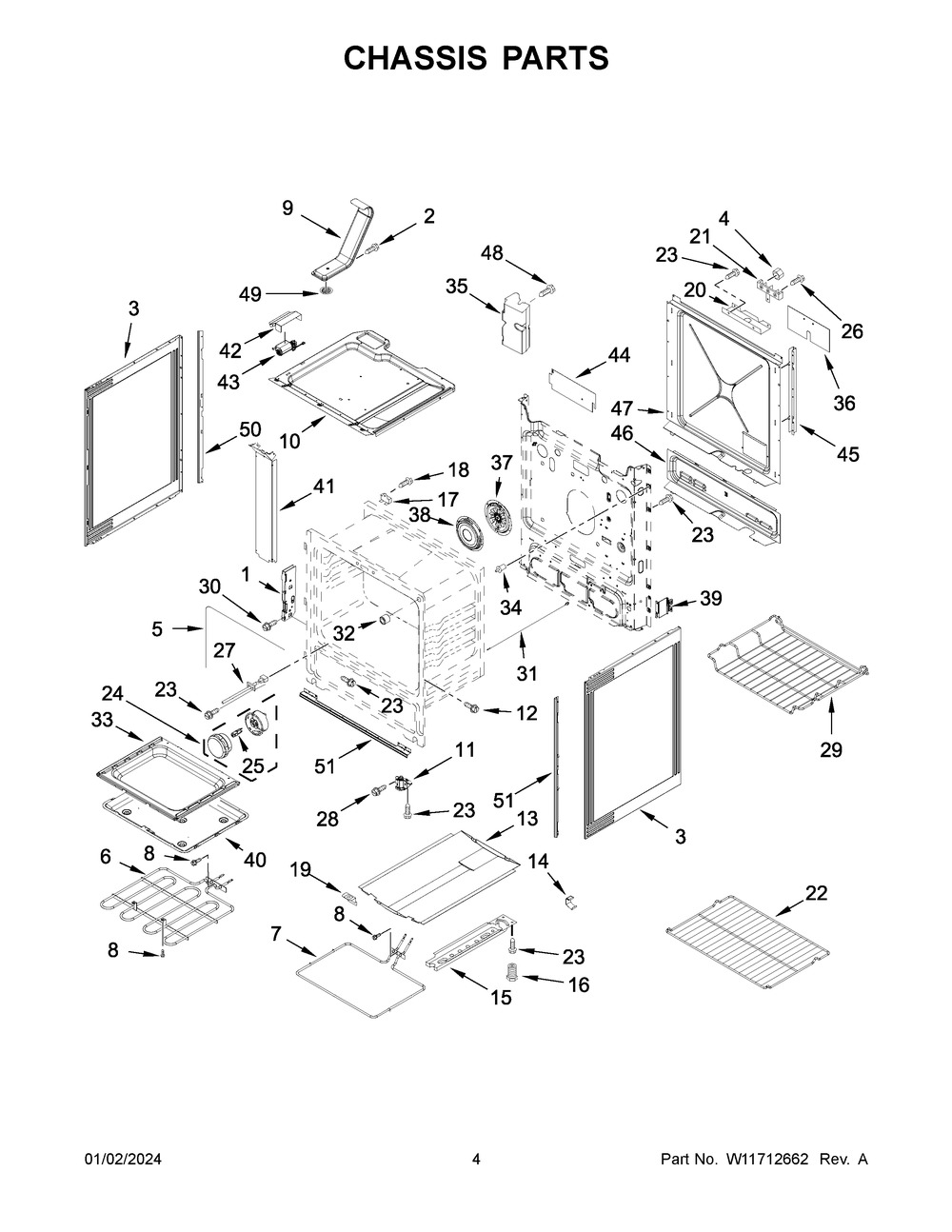 Chassis Parts Diagram and Parts List for WEEA25H0HZ5  Whirlpool Range