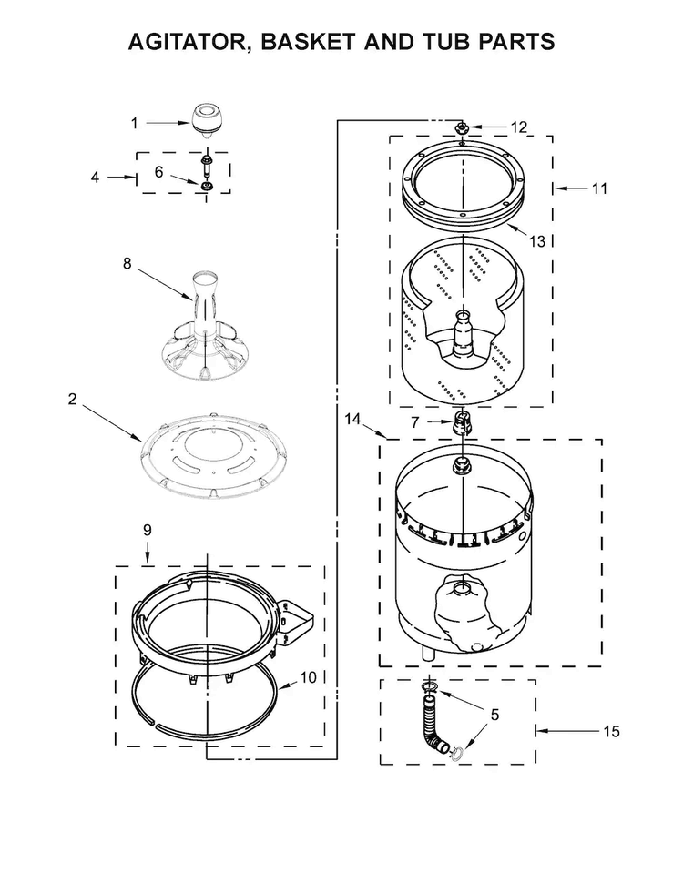 Agitator, Basket And Tub Parts Diagram and Parts List for WET4027EW0  Whirlpool Washer Dryer Combo