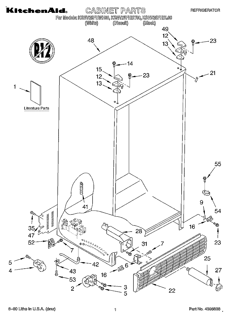 CABINET, LITERATURE Diagram and Parts List for KSRV25FHBL00  KitchenAid Refrigerator