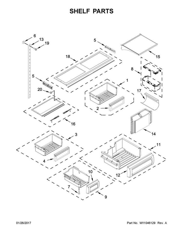Shelf Parts Diagram and Parts List for KBFN406ESS01  KitchenAid Refrigerator